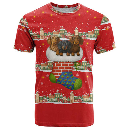 Funny Dachshund Dog Light Up Christmas T-Shirt Snowy Village Red Holiday Design Graphic Tee