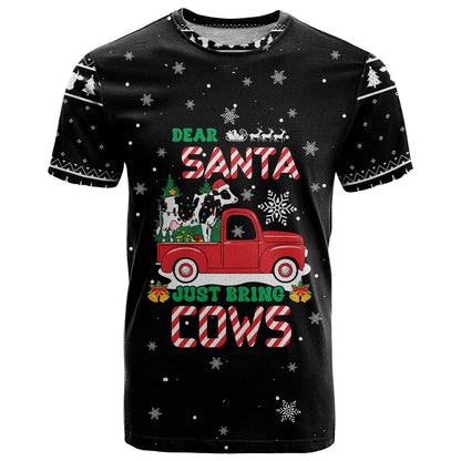 Funny Christmas Cows in Red Truck T-Shirt Dear Santa Just Bring Cows Quote on Snowflake Graphic Tee