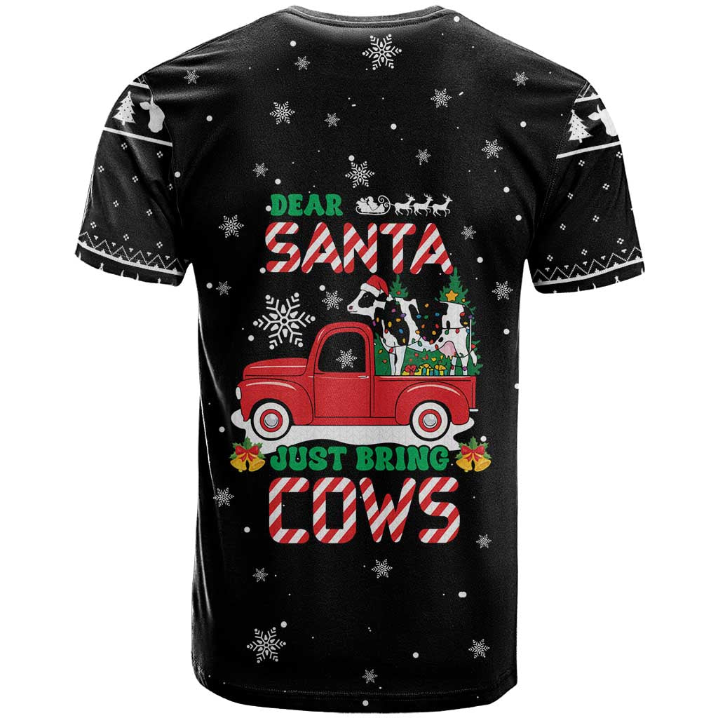 Funny Christmas Cows in Red Truck T-Shirt Dear Santa Just Bring Cows Quote on Snowflake Graphic Tee