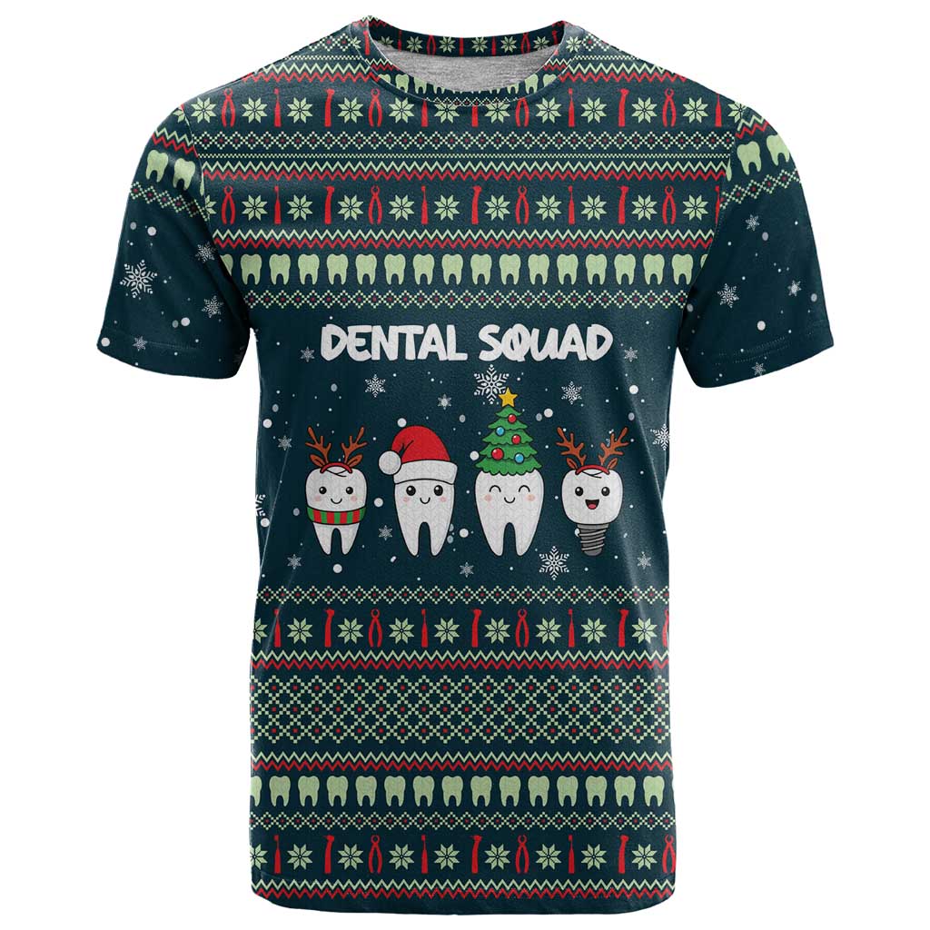 Funny Christmas Dental Squad Tooth Characters T-Shirt Snowflake Pattern Design Graphic Tee