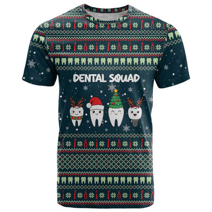 Funny Christmas Dental Squad Tooth Characters T-Shirt Snowflake Pattern Design Graphic Tee