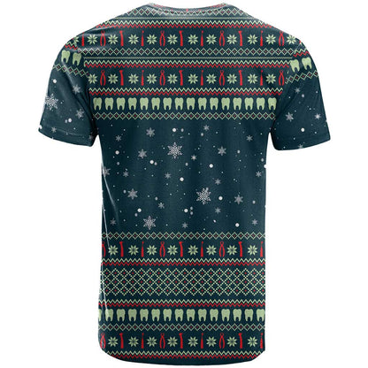 Funny Christmas Dental Squad Tooth Characters T-Shirt Snowflake Pattern Design Graphic Tee
