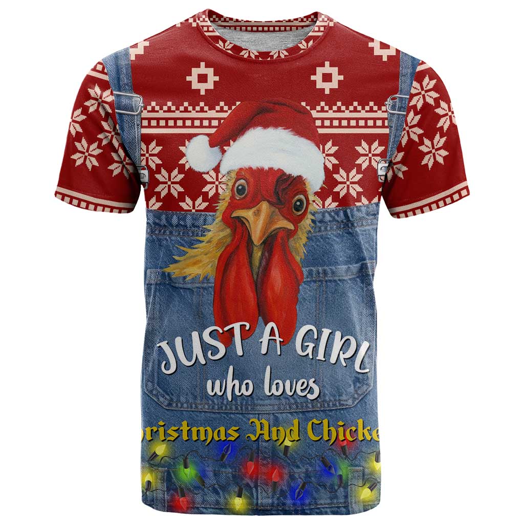 Just A Girl Who Loves Christmas And Chickens Christmas T-Shirt Funny Xmas Holiday Patterns Graphic Tee