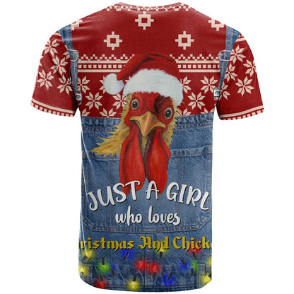 Just A Girl Who Loves Christmas And Chickens Christmas T-Shirt Funny Xmas Holiday Patterns Graphic Tee