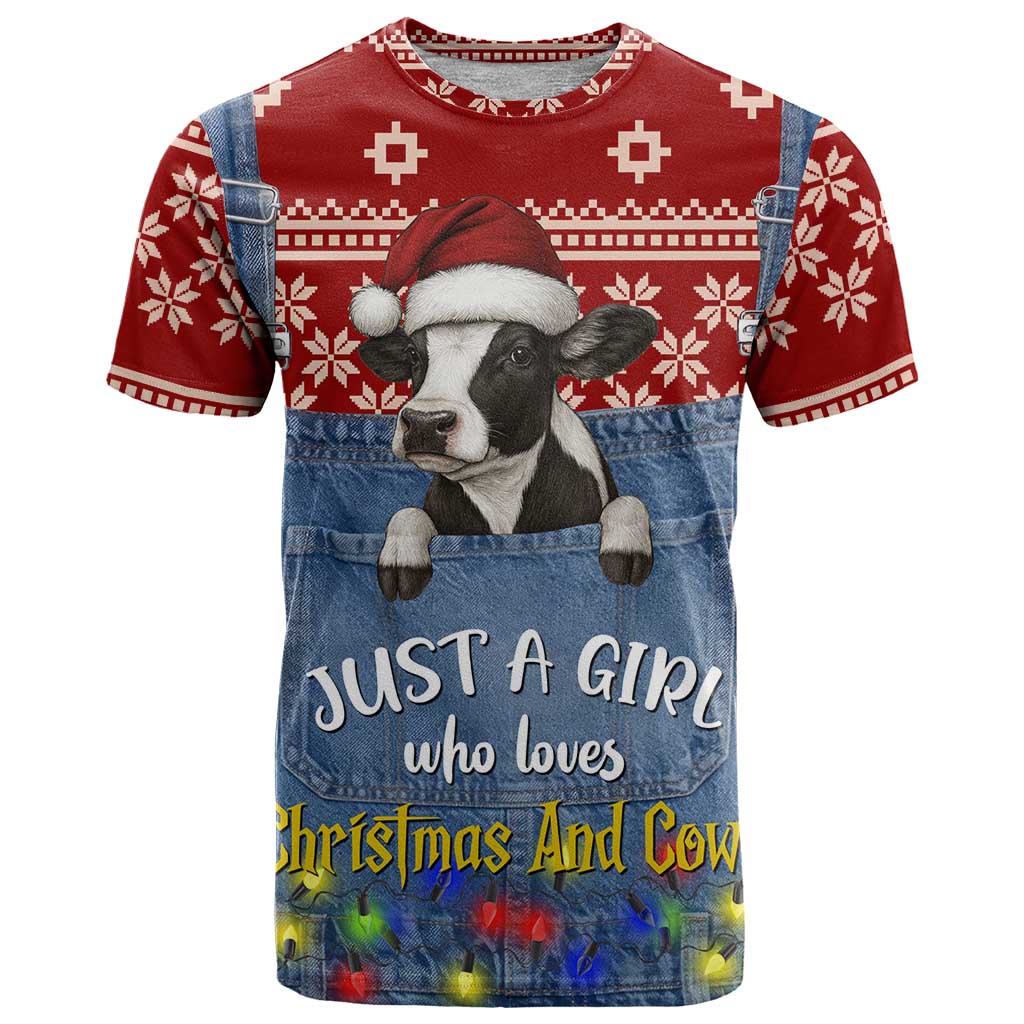 Just A Girl Who Loves Christmas And Cows Christmas T-Shirt Funny Xmas Holiday Patterns Graphic Tee