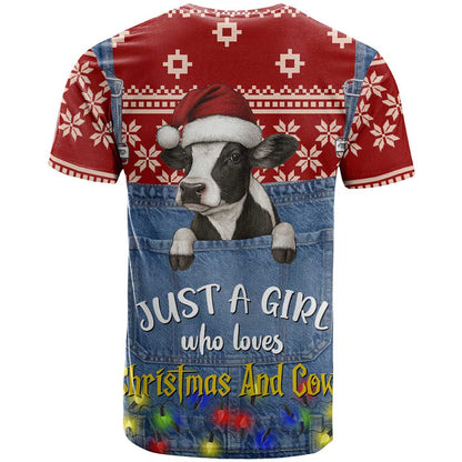 Just A Girl Who Loves Christmas And Cows Christmas T-Shirt Funny Xmas Holiday Patterns Graphic Tee