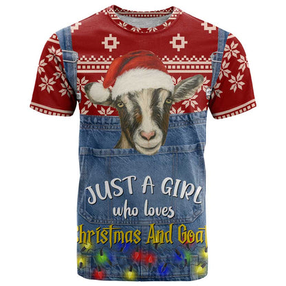 Just A Girl Who Loves Christmas And Goats Ugly Christma T-Shirt Funny Xmas Holiday Patterns Graphic Tee