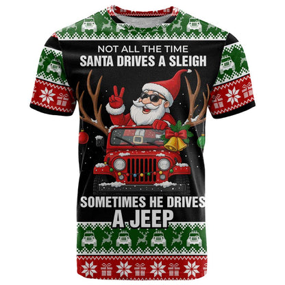 Santa Claus Drive A JEEP T-Shirt Funny Xmas Holiday Patterns Graphic Tee