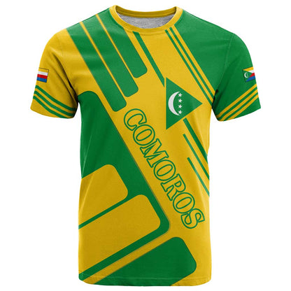 Comoros Flag T-Shirt with Green and Yellow Design and National Emblem Graphic Tee