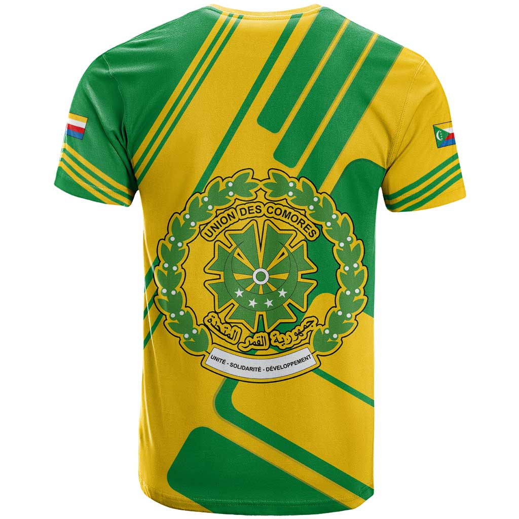 Comoros Flag T-Shirt with Green and Yellow Design and National Emblem Graphic Tee