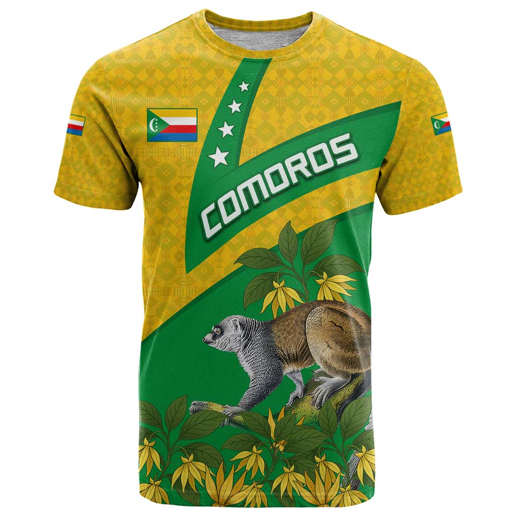 Comoros T-Shirt with National Flag Lemur Design and Ylang Ylang Flower Pattern Graphic Tee