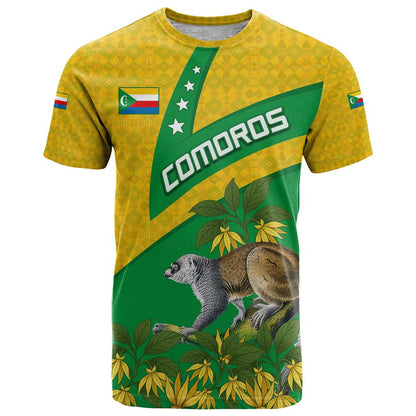 Comoros T-Shirt with National Flag Lemur Design and Ylang Ylang Flower Pattern Graphic Tee