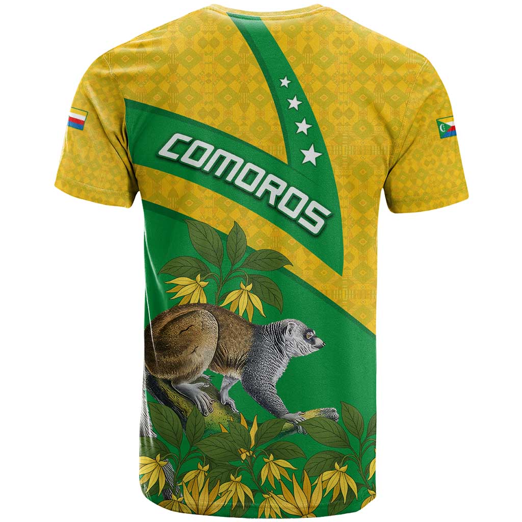Comoros T-Shirt with National Flag Lemur Design and Ylang Ylang Flower Pattern Graphic Tee