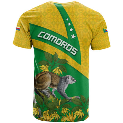 Comoros T-Shirt with National Flag Lemur Design and Ylang Ylang Flower Pattern Graphic Tee