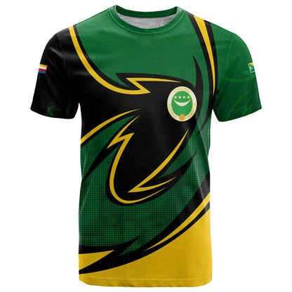 Comoros T-Shirt with Green Black Yellow Swirl Design and National Emblem Pattern Graphic Tee