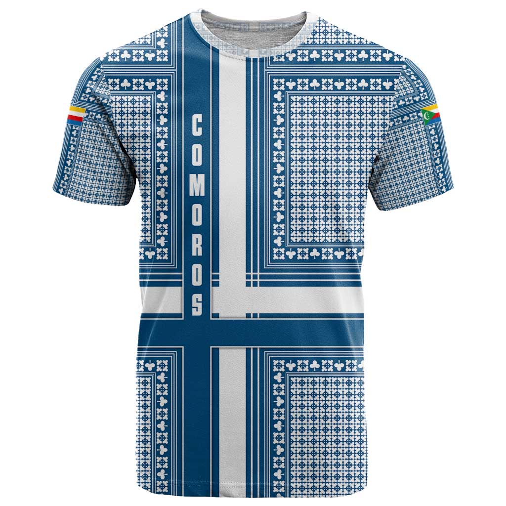 Comoros T-Shirt with Blue and White Traditional Geometric Pattern and National Flag Detail Graphic Tee