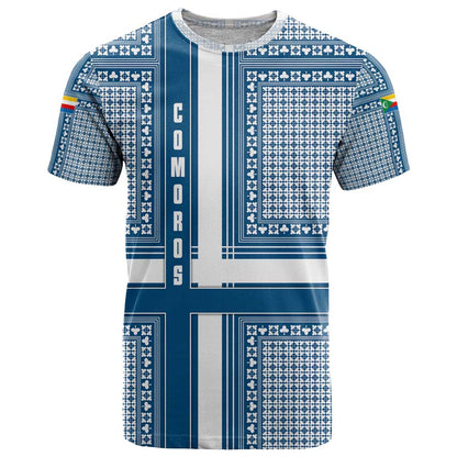Comoros T-Shirt with Blue and White Traditional Geometric Pattern and National Flag Detail Graphic Tee