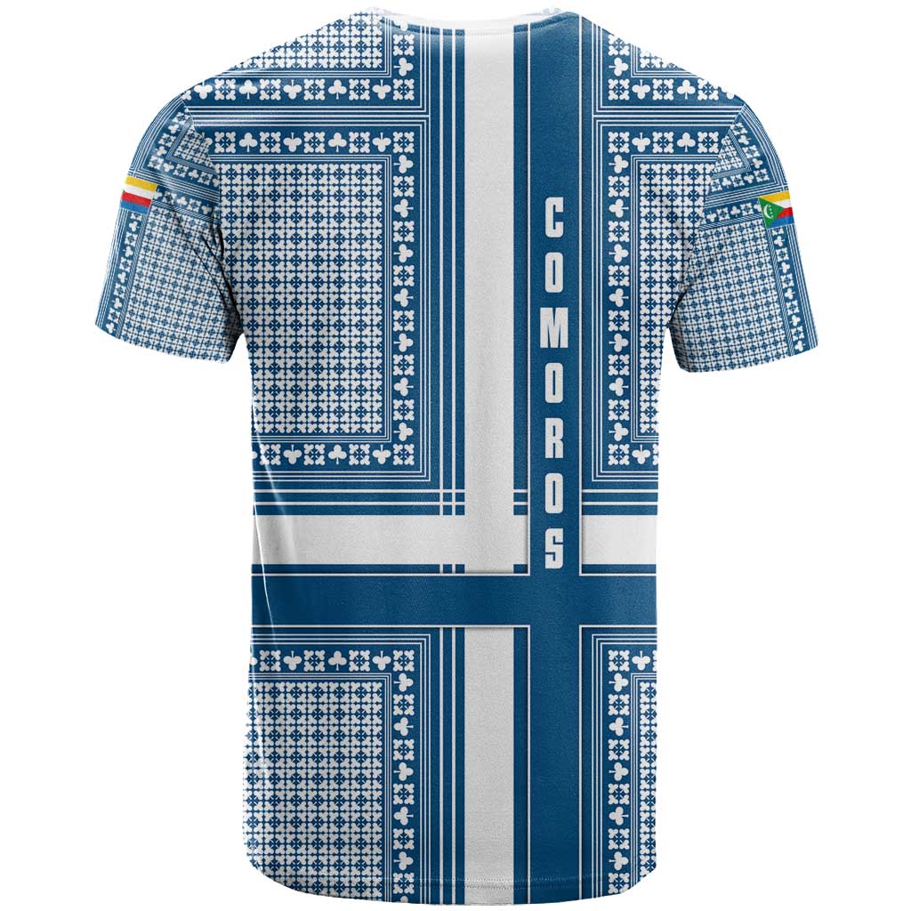 Comoros T-Shirt with Blue and White Traditional Geometric Pattern and National Flag Detail Graphic Tee