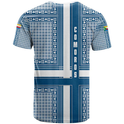 Comoros T-Shirt with Blue and White Traditional Geometric Pattern and National Flag Detail Graphic Tee