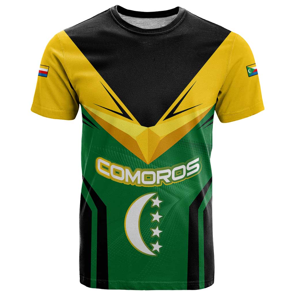 Comoros T-Shirt with National Colors Green Yellow Black Crescent Moon and Stars Emblem Graphic Tee