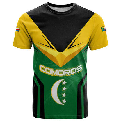 Comoros T-Shirt with National Colors Green Yellow Black Crescent Moon and Stars Emblem Graphic Tee