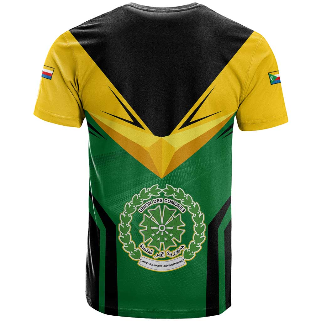 Comoros T-Shirt with National Colors Green Yellow Black Crescent Moon and Stars Emblem Graphic Tee