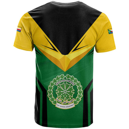 Comoros T-Shirt with National Colors Green Yellow Black Crescent Moon and Stars Emblem Graphic Tee