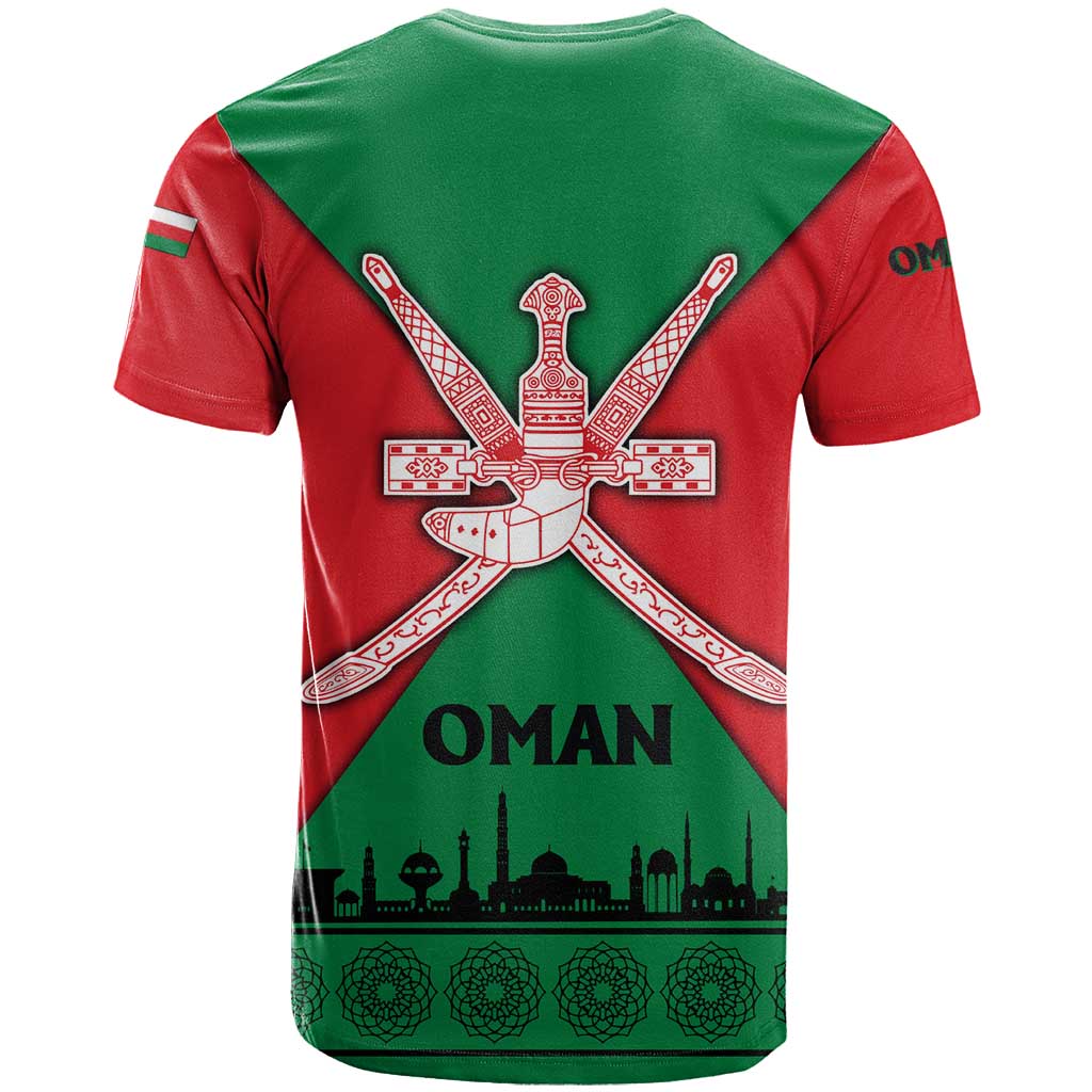 Oman T-Shirt with National Flag Colors and Crossed Khanjar Emblem Design Graphic Tee