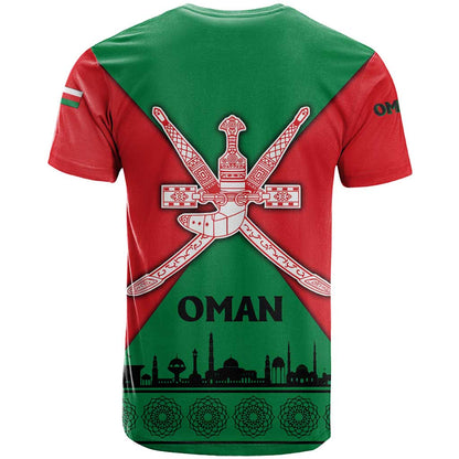 Oman T-Shirt with National Flag Colors and Crossed Khanjar Emblem Design Graphic Tee