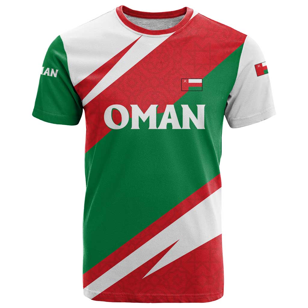 Oman T-Shirt with National Flag Colors and Falcon Soaring Graphic Design Graphic Tee