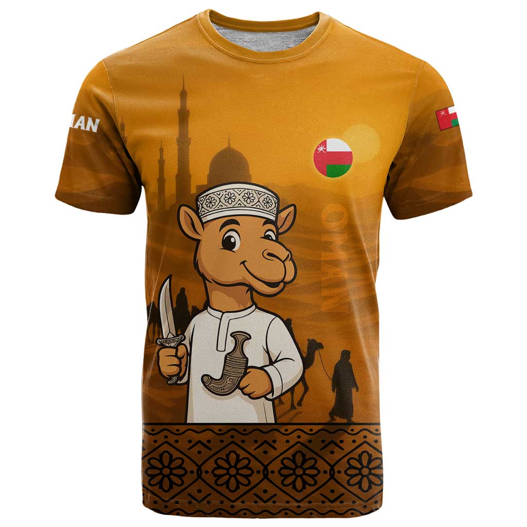 Oman T-Shirt with Traditional Camel Character and Desert Silhouette Design Graphic Tee