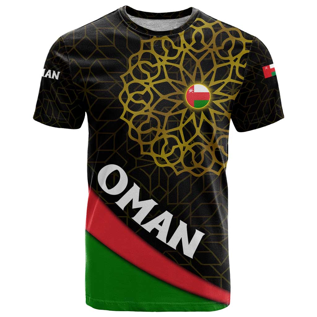 Oman T-Shirt with Camel Landscape and Geometric Pattern Design Graphic Tee