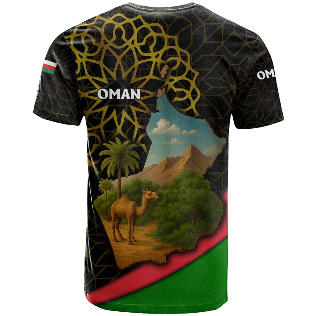 Oman T-Shirt with Camel Landscape and Geometric Pattern Design Graphic Tee