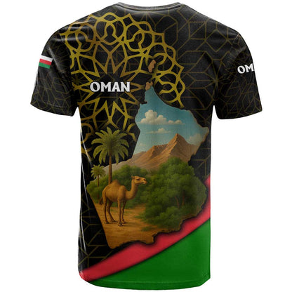 Oman T-Shirt with Camel Landscape and Geometric Pattern Design Graphic Tee