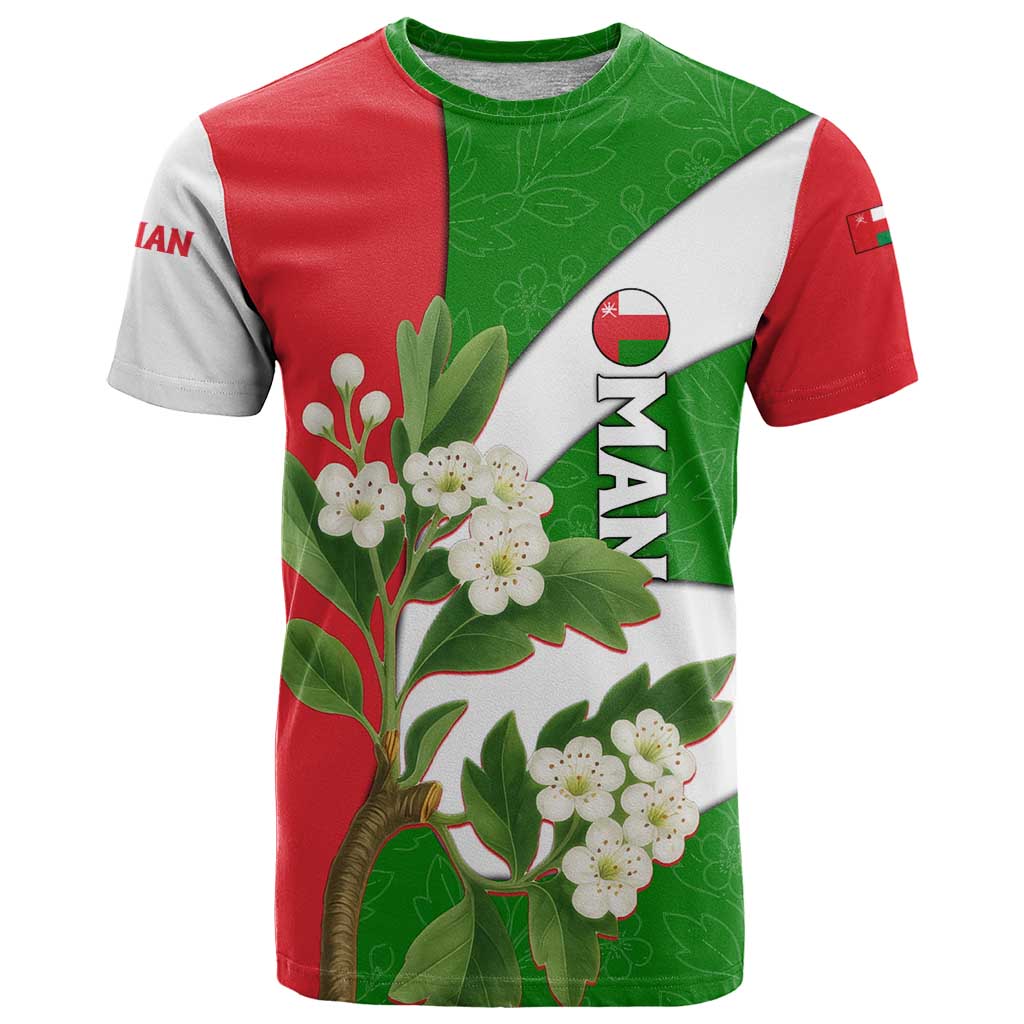 Oman T-Shirt with White Blossom Floral Design and National Flag Colors Graphic Tee