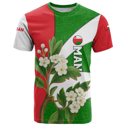 Oman T-Shirt with White Blossom Floral Design and National Flag Colors Graphic Tee