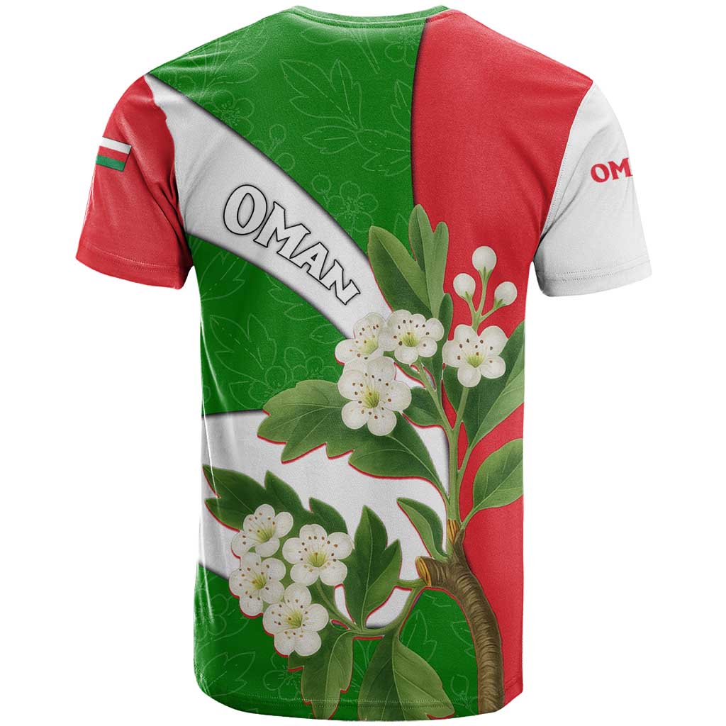 Oman T-Shirt with White Blossom Floral Design and National Flag Colors Graphic Tee