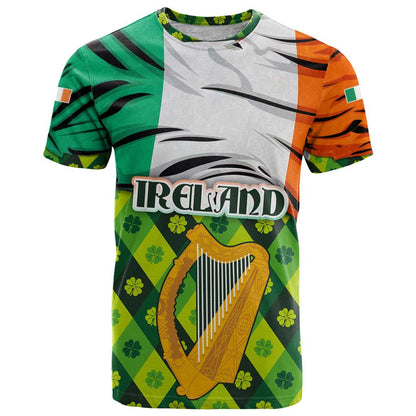 Ireland T-Shirt with Irish Flag Harp and Shamrock Pattern Design Graphic Tee