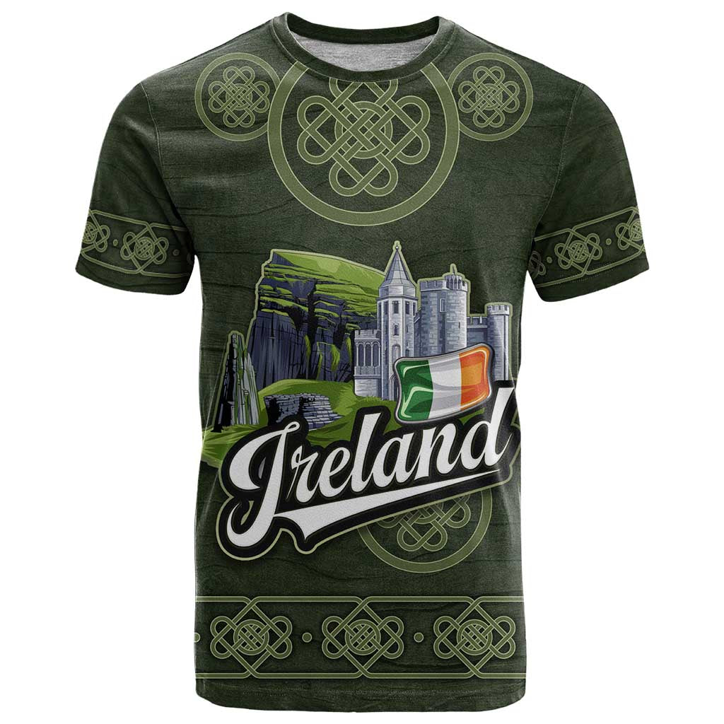 Celtic Ireland T-Shirt with Irish Flag Castle and Knotwork Design Graphic Tee