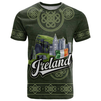 Celtic Ireland T-Shirt with Irish Flag Castle and Knotwork Design Graphic Tee