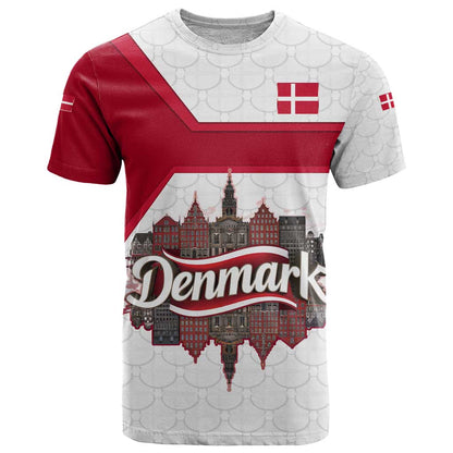 Denmark T-Shirt with Cityscape Print and Royal Coat of Arms Design Graphic Tee