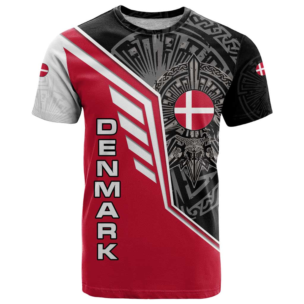 Denmark Flag T-Shirt with Viking Rune Pattern and Nordic Crest Design Graphic Tee