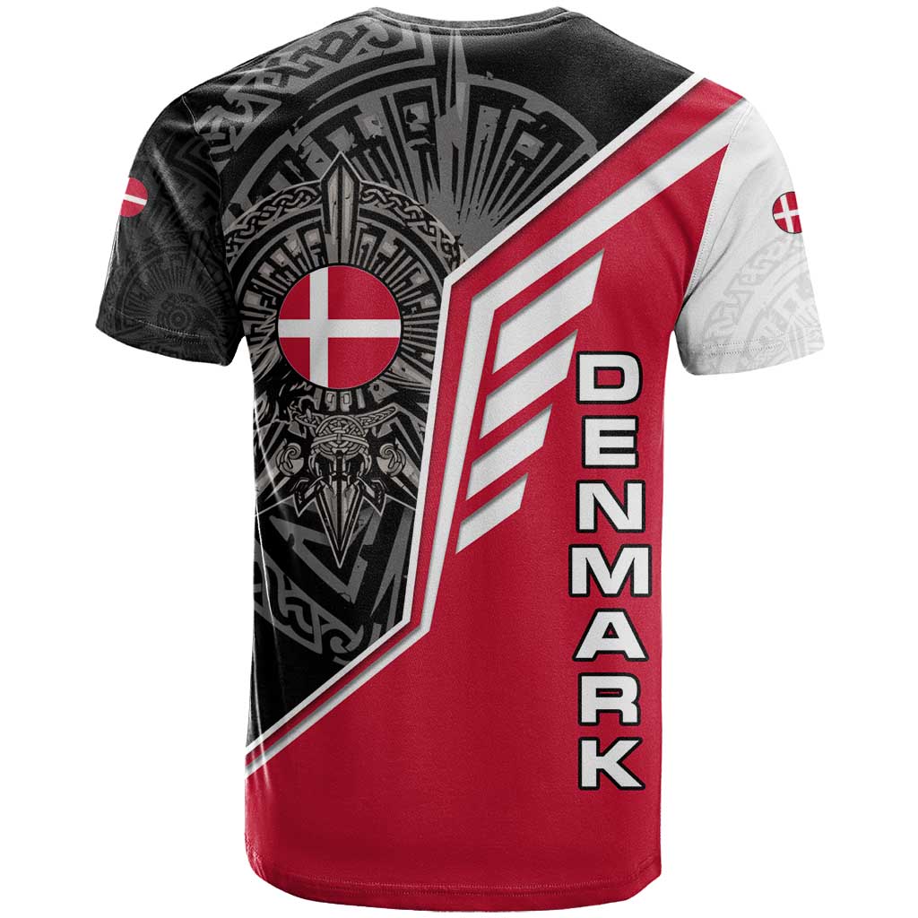 Denmark Flag T-Shirt with Viking Rune Pattern and Nordic Crest Design Graphic Tee
