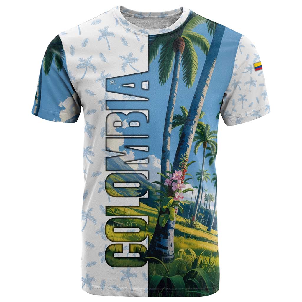 Colombia Palm Tree Landscape T-Shirt with Tropical Flowers and Blue Sky Design Graphic Tee