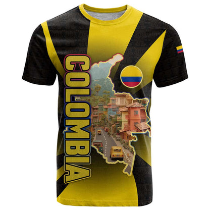 Colombia Heritage T-Shirt with Yellow Black Flag Map and City Street Art Graphic Tee