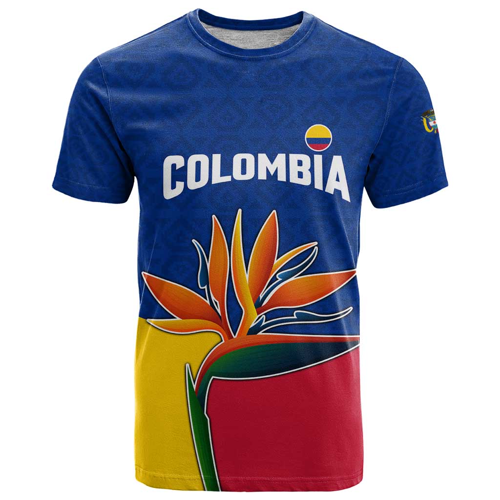 Colombia Heliconia Flower T-Shirt with Flag Colors and Blue Cultural Pattern Design Graphic Tee