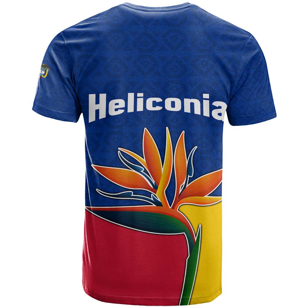 Colombia Heliconia Flower T-Shirt with Flag Colors and Blue Cultural Pattern Design Graphic Tee