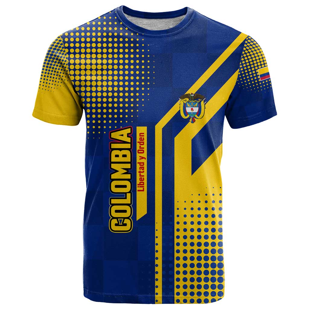 Colombia Flag Colors T-Shirt with National Crest and Libertad y Orden Motto Design Graphic Tee