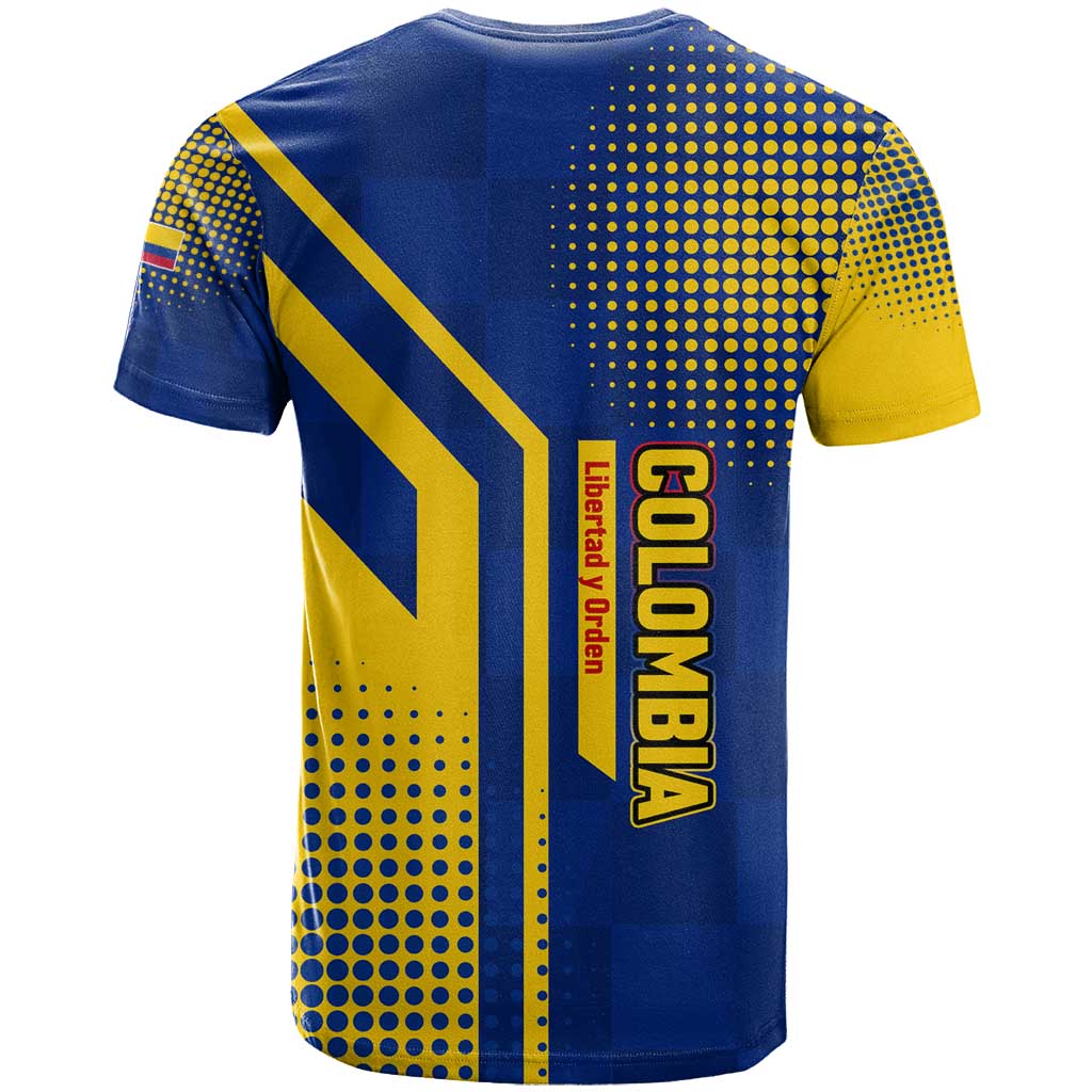 Colombia Flag Colors T-Shirt with National Crest and Libertad y Orden Motto Design Graphic Tee