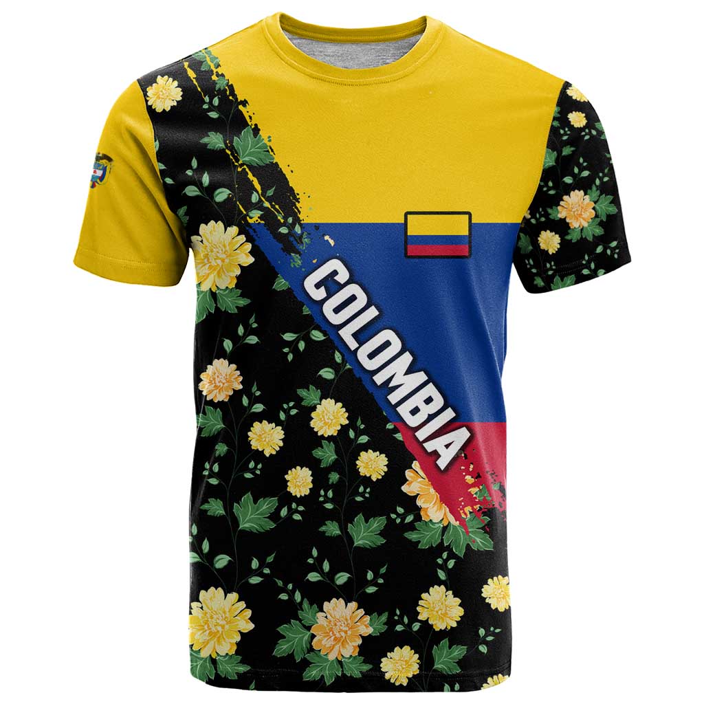 Colombia Yellow Flower Pattern T-Shirt with Flag Colors and Floree de Libertad Design Graphic Tee